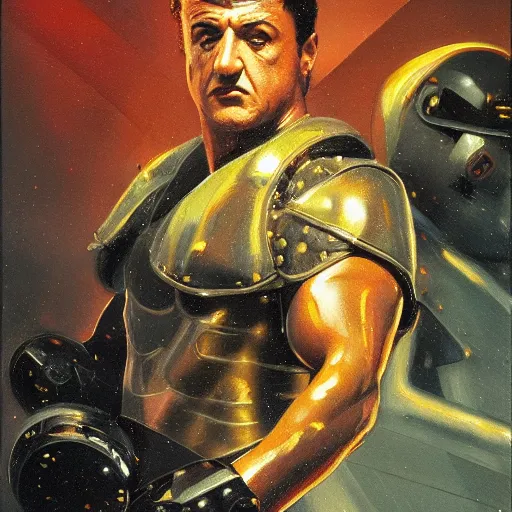 Image similar to sylvester stallone in metal tiger armor, tech noir, wet reflections, prism, atmospheric, ambient, pj crook, syd mead, livia prima, greg rutkowski, edward hopper