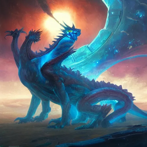 Prompt: prompt blue crystalline dragon, devouring a planet, space, planets, moons, sun system, nebula, oil painting, by Fernanda Suarez and and Edgar Maxence and greg rutkowski