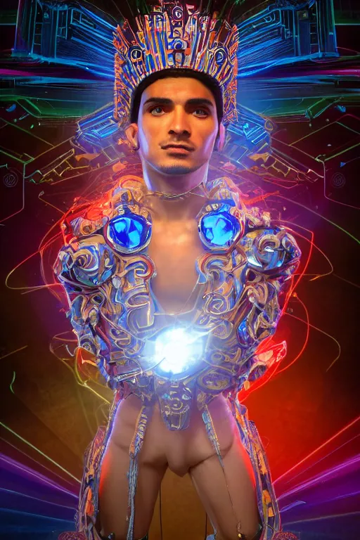 Prompt: full-body sculpture of a young handsome Latino prince as a half cibernetic android with a glowing blue diamong in his chest, white laser beams coming out of his eyes, crown of giant jewels, flowing neon-colored silk, geometric shapes in a cyperbunk and baroque style. intricate artwork by caravaggio. Trending on artstation, octane render, cinematic lighting from the right, hyper realism, octane render, 8k, depth of field, 3D