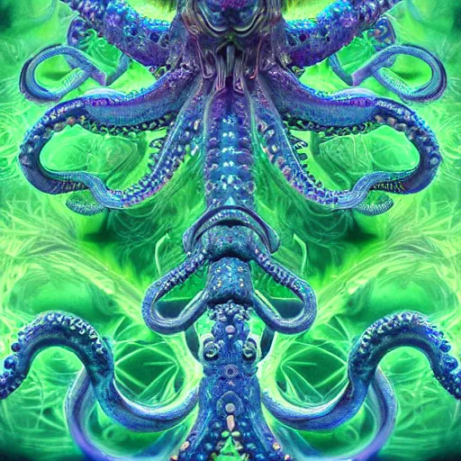 Image similar to a dramatic and beautiful digital matte painting of large iridescent octopus with legs made of fractal celtic knots, trending on cgartist, hi-fructose, mandala, string wall art, ultra detailed 8k