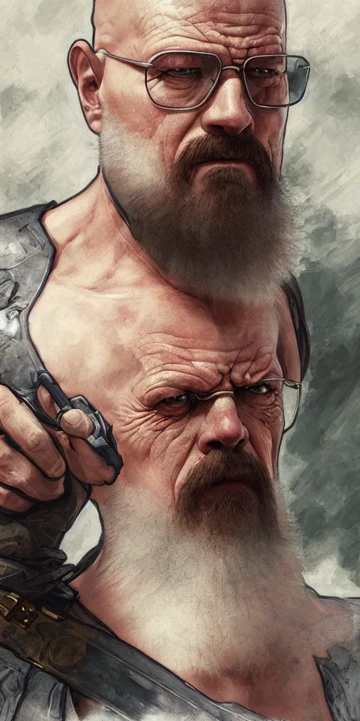 Image similar to Heisenberg as Kratos, highly detailed, digital painting, artstation, concept art, smooth, sharp focus, illustration, ArtStation, art by artgerm and greg rutkowski and alphonse mucha and J. C. Leyendecker and Edmund Blair Leighton and Katsuhiro Otomo and Geof Darrow and Phil hale and Ashley wood and Ilya repin and Charlie Bowater