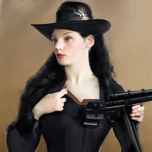 Prompt: a beautiful young woman, pale skin, black long hair, aristocrat, black expensive dress from 1 8 6 0, holding a rifle, oil painting, digital art, studio photo, realistic, artstation, high quality, wild west