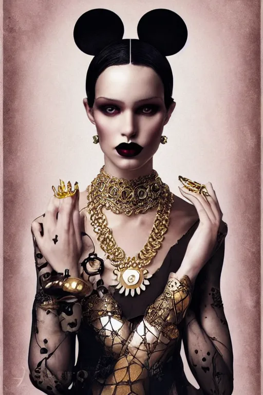 Prompt: black queen in the shape of mickey mouse, face symmetry, beautiful hands, symmetry, photo shooting gucci, by tom bagshaw