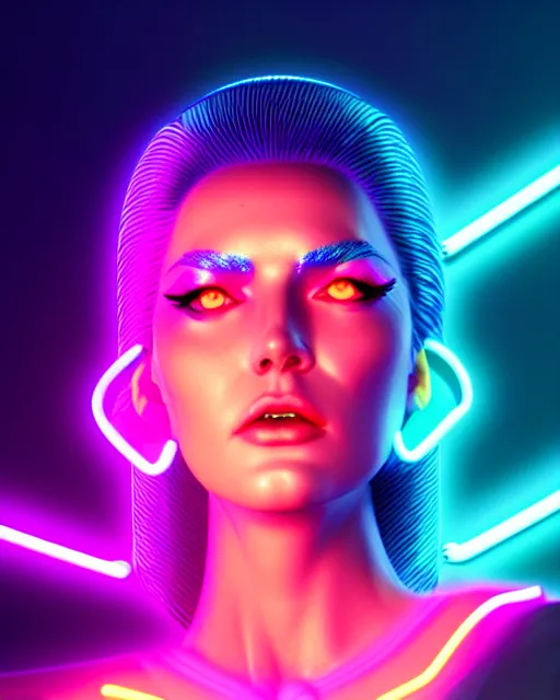 Image similar to ultra realistic cyber neon queen, neon lighting, retro futurism, futuristic illuminated jewellery, full body pose, thick fancy eyeliner, hyper photorealistic, crispy quality, digital photography, trending on artstation, cinematic, 4 k ultra hd, art by pascal blanche, art by greg rutkowski
