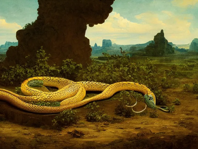 Image similar to an oil painting of a great snake with vivid green scales in a cracked desert by carl spitzweg and tuomas korpi. baroque elements, full-length view. baroque element. intricate artwork by caravaggio. Trending on artstation. 8k