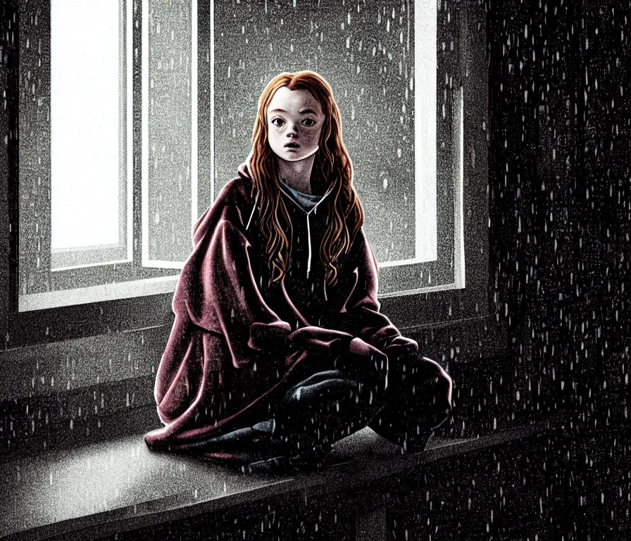 Image similar to sadie sink in hoodie sits on windowsill, knees tucked in | rain falls at night : storyboard, scifi cyberpunk. by joe alves. cinematic atmosphere, detailed and intricate, perfect anatomy