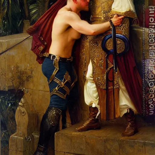 Image similar to attractive fully clothed arthur pendragon confesses his love for his attractive fully clothed male knight. highly detailed painting by gaston bussiere and j. c. leyendecker 8 k