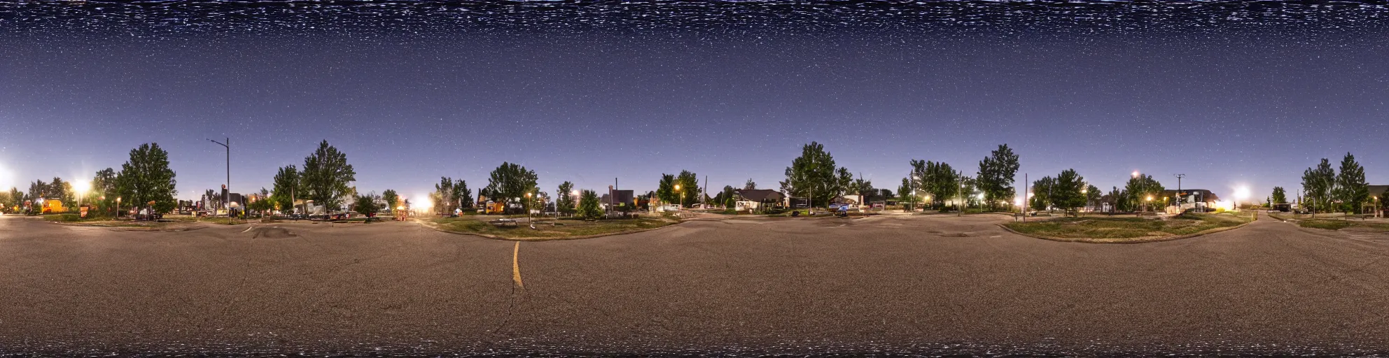 Image similar to spherical panorama photo of country american small town street night bright sky 5 0 mm