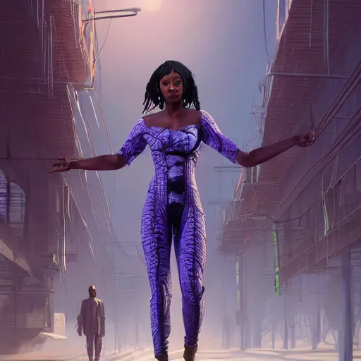 Image similar to highly detailed an african american woman in with the black panter random suit from the future gta v, stephen bliss, unreal engine, fantasy art by greg rutkowski, loish, rhads, ferdinand knab, makoto shinkai and lois van baarle, ilya kuvshinov, rossdraws, tom bagshaw, global illumination, radiant light, detailed and intricate environment