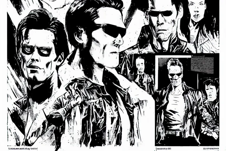 Image similar to jim carrey in the matrix, a page from cyberpunk 2 0 2 0, style of paolo parente, style of mike jackson, adam smasher, johnny silverhand, 1 9 9 0 s comic book style, white background, ink drawing, black and white