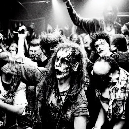 Image similar to zombies at a punk rock concert, highly detailed photo from 1985, black and white