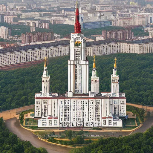 Prompt: moscow state university main building, aerial photography, highly detailed, 4 k, by greg rutkowski