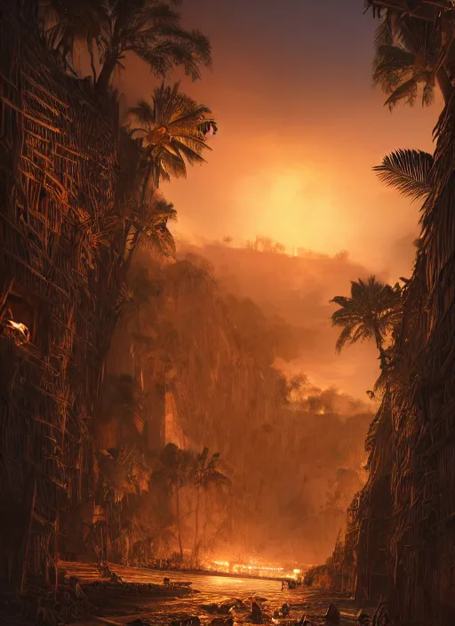 Prompt: wooden palisade wall lit by torches on a tropical island, intricate Details, raphael lacoste, eddie mendoza, alex ross, concept art, matte painting, highly detailed, rule of thirds, dynamic lighting, cinematic, detailed, denoised, centerd, clean render