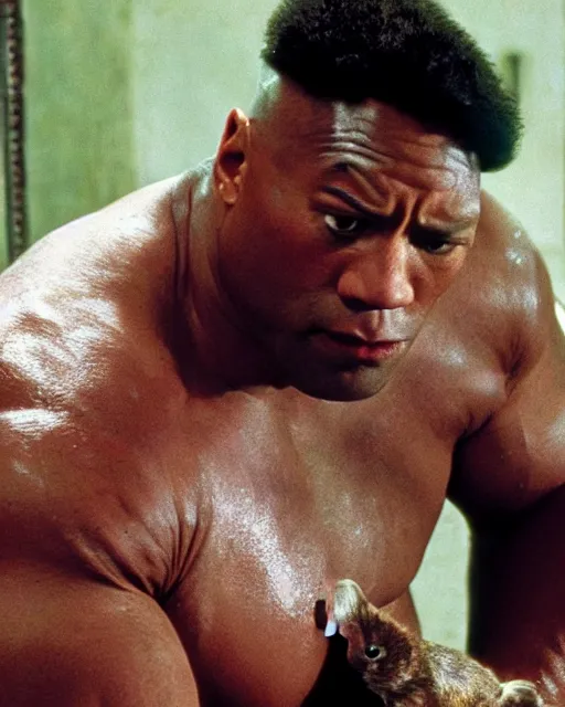 Image similar to film still close - up shot of dwayne johnson as john coffey from the movie the green mile. he is petting a mouse. photographic, photography