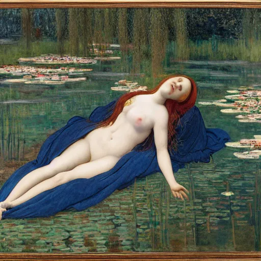 Prompt: ophelia, laying flat submerged in water floating down the river amongst the reeds, fully covered in robes and lake foliage weeds reeds fully clothed in flowing medieval robes, by botticelli devinci rosetti and monet, 8 k