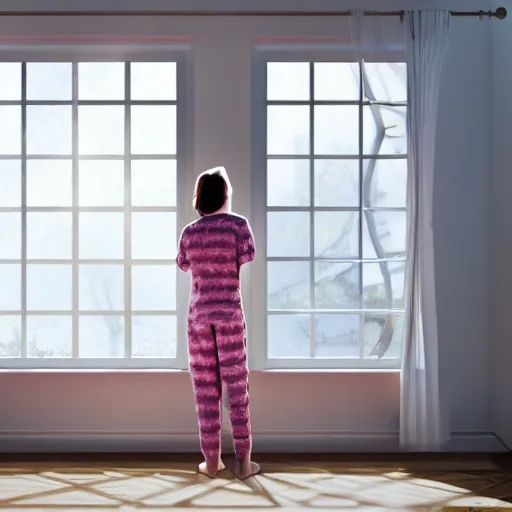 Image similar to person in pyjamas standing near window, sun rays, daylight, big french door window, big spatious room, 2 4 mm, wooden floor, modern, pastel palette, winter sun, photorealistic, high ceiling, watercolor painting