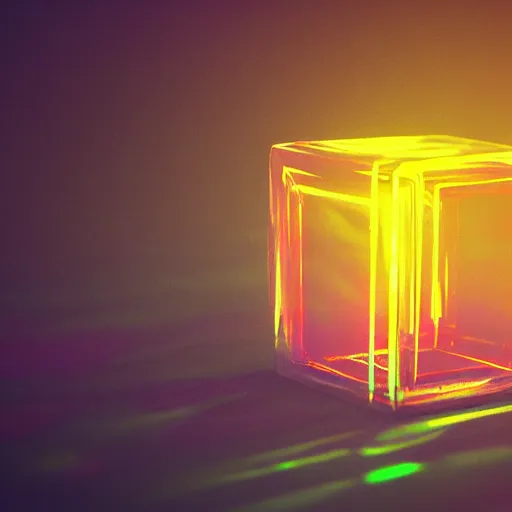 Image similar to glowing translucent cube in a meth lab, cyberpunk, dark room, trending on artstation, 4 k close up, wide angle