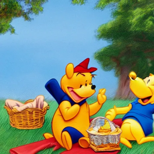 Prompt: Winnie the pooh and Donald duck having a picnic