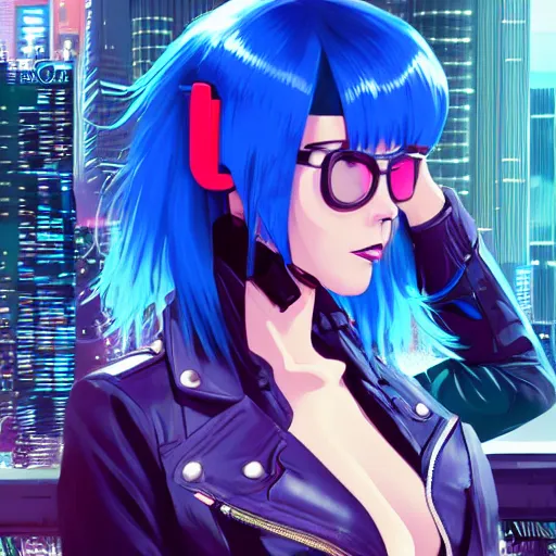 Prompt: hyper realistic photograph portrait of cyberpunk hot pretty girl with blue hair, wearing a full leather outfit, cyber implants, in city street at night, by makoto shinkai, ilya kuvshinov, lois van baarle, rossdraws, basquiat