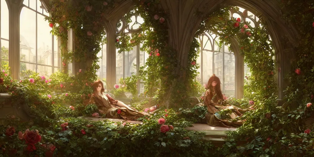 Image similar to ultra realistic, artstation, concept art, natural lighting, by artgerm and greg rutkowski and alphonse mucha and wlop, heaven dreamy interior with surrounded ivy, flowers, roses, and with archways. rendered in octane render with photorealistic lighting, 8 k, hd