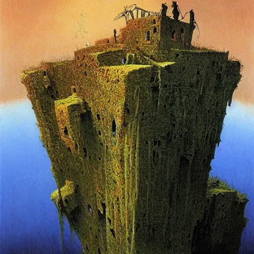 Prompt: creepy mansion hanging off a cliff, vibrant colors, painting by Beksinski