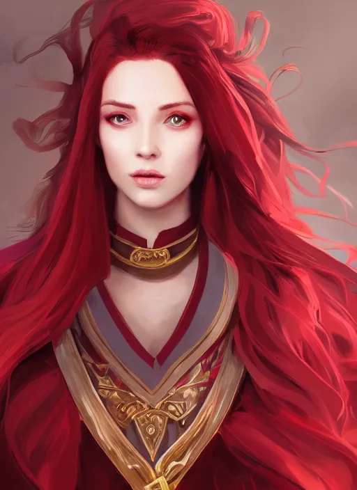 Image similar to a highly detailed illustration of beautiful long dark red haired woman wearing wine red epaulette uniform and coat cape, dramatic floating pose, strings background, intricate, elegant, highly detailed, centered, digital painting, artstation, concept art, smooth, sharp focus, league of legends concept art, wlop