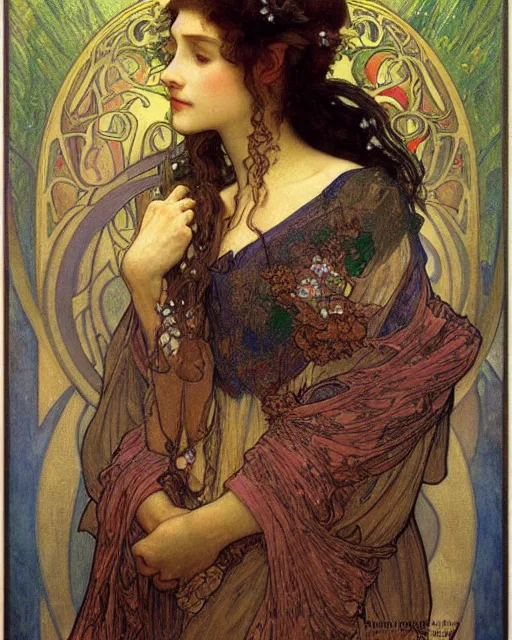 Prompt: an elf princess by Alphonse Mucha, Gustav Klimt and edgar maxence