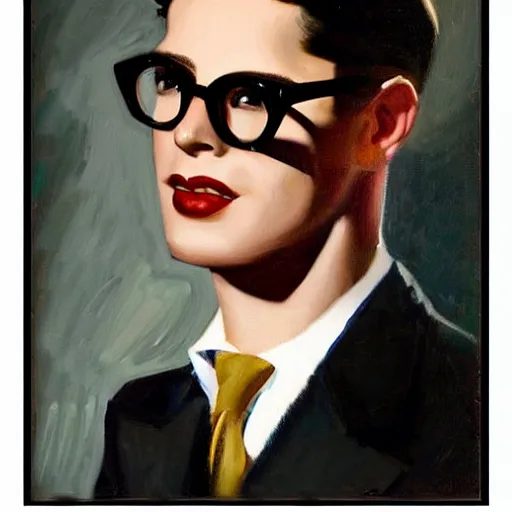 Prompt: ! dream painting of a handsome young man wearing 1 9 5 0 s outfit black groomed hair and vintage glasses by gil elvgren