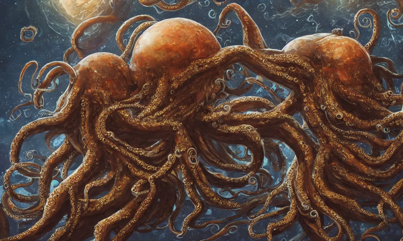 Prompt: a giant octopus holding planets on each of its tentacles, concept art, cosmic horror, digital painting, oil painting, trending on artstation, 8k, dramatic composition, intricate details, sharp focus