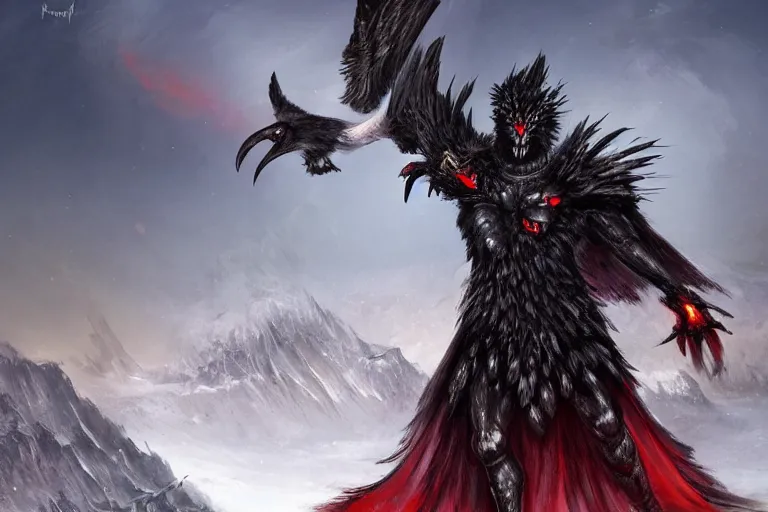 Prompt: raven warrior with burning red eyes stands atop an icy mountain, digital art, fantasy artwork, extremely detailed, trending on artstation, award - winning, art from the greatest fantasy artists,