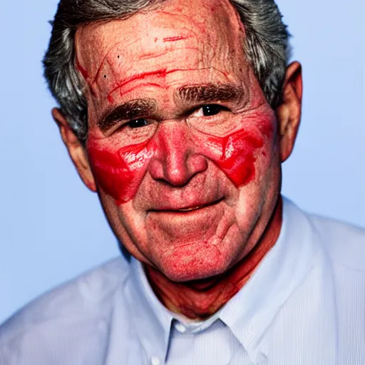 Image similar to An Alec Soth portrait photo of George W. Bush with bright red glowing eyes, sweat is glistening on his face