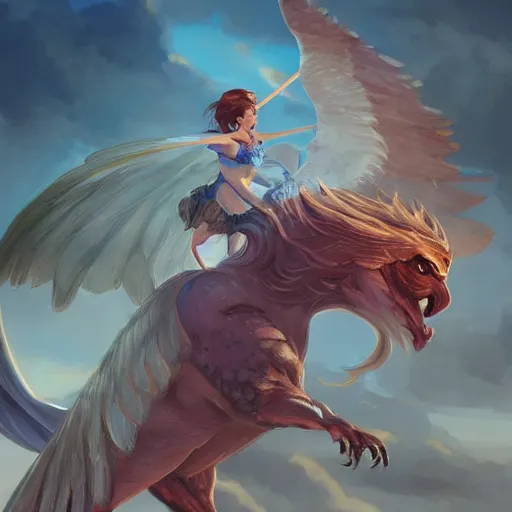 Image similar to Art station concept of a beautiful girl riding a gryphon, symmetrical face, smooth body features, by Stanley Artgerm Lau, WLOP, Rossdraws, James Jean, Andrei Riabovitchev, Marc Simonetti, and Sakimichan, trending on artstation