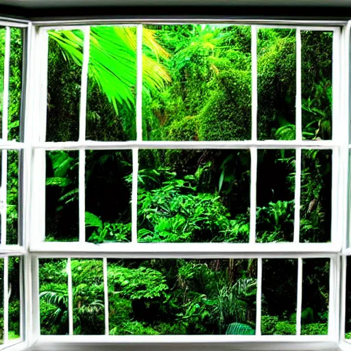 Prompt: A dslr picture with flash on of a window from in 2007, tropical rainforest outside