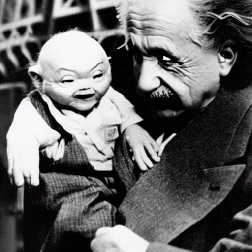 Prompt: b&w photo of Einstein holding baby Yoda on his arm next to the Eiffel tower