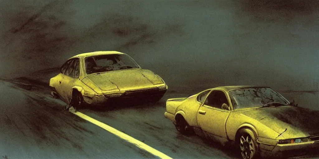 Image similar to car in full speed in a empty street, mad max kieth thomsen, zdzislaw beksinski