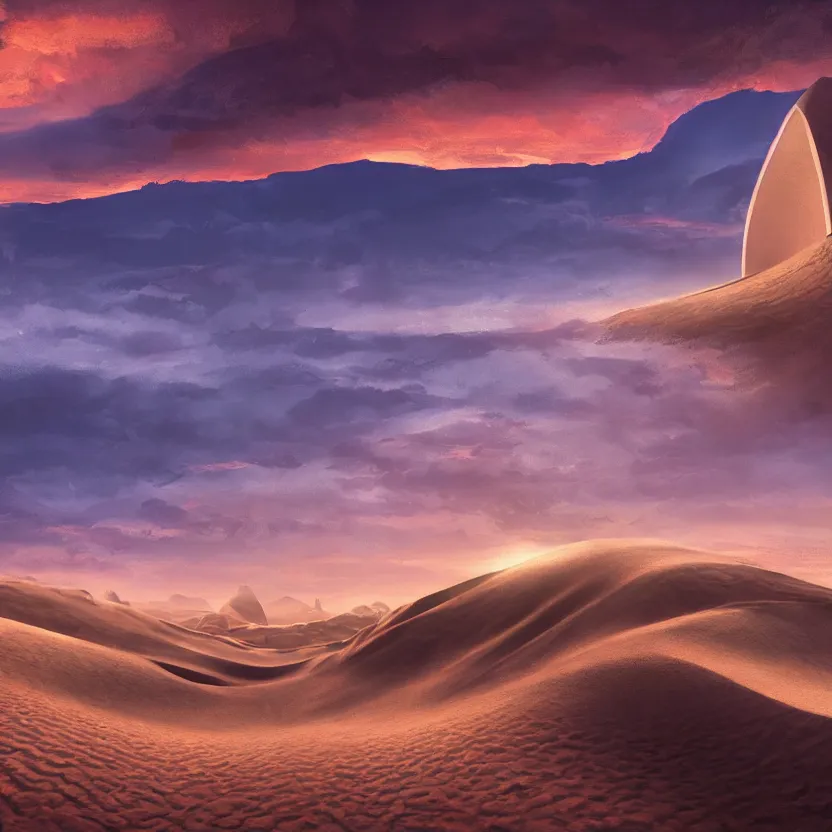 Image similar to ancient megastructure, sand dunes, sunset, clouds, dark colors!, mountains, beautiful lighting, vivid colors, intricate, elegant, smooth, sharp focus, highly detailed digital painting, concept art, cinematic, unreal engine, 4 k wallpaper, svetlin velinov, tarmo juhola, cgsociety, artstation trending, deviantart featured