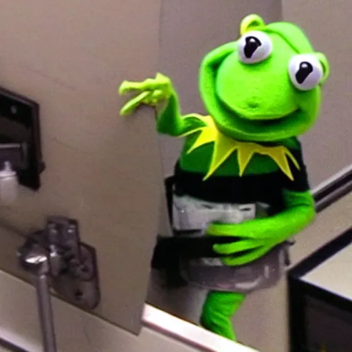 Image similar to kermit the frog wearing a mask and robbing a bank, security camera footage