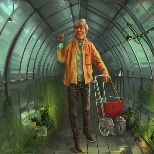 Image similar to scifi greenhouse boy with grandma, artstation