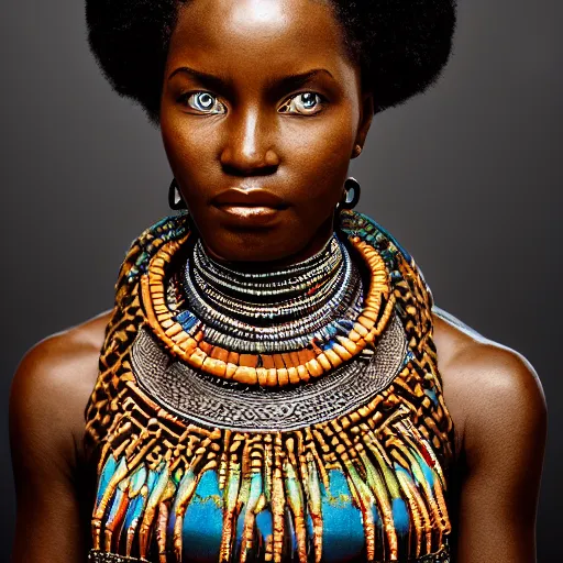 Image similar to vintage portrait of a stunningly beautiful west african tribal queen female, depth of field, zeiss lens, detailed, symmetrical, centered, fashion photoshoot, by edward s curtis, Annie Leibovitz and Steve McCurry, David Lazar, Jimmy Nelsson, Breathtaking, 8k resolution, extremely detailed, beautiful, establishing shot, artistic, hyperrealistic, beautiful face, octane render