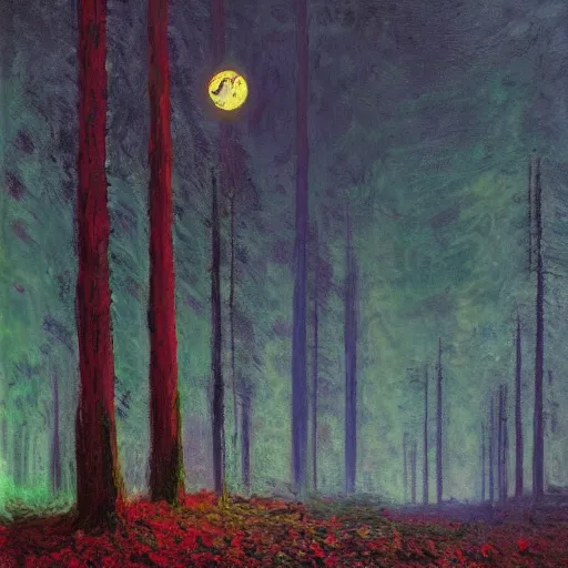 Prompt: Moon on a lamppost in the forest by Simon Stålenhag and Claude Monet, oil on canvas