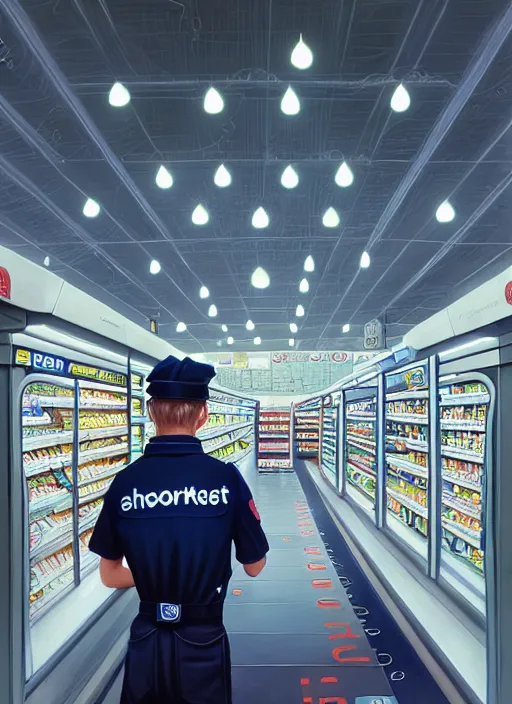 Prompt: portrait of a depressed supermarket worker in a countdown nz uniform, intricate, elegant, glowing lights, highly detailed, digital painting, artstation, concept art, smooth, sharp focus, illustration, art by wlop, mars ravelo and greg rutkowski