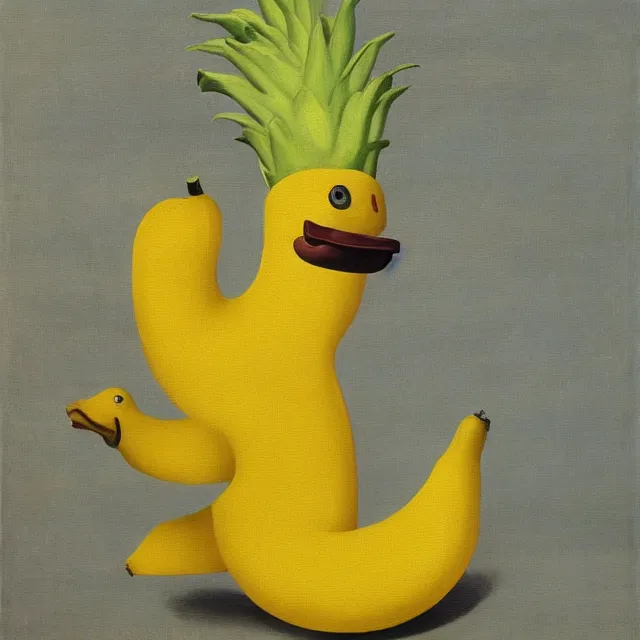 Prompt: a painting titled banana duck by rene magritte, in the style of magritte