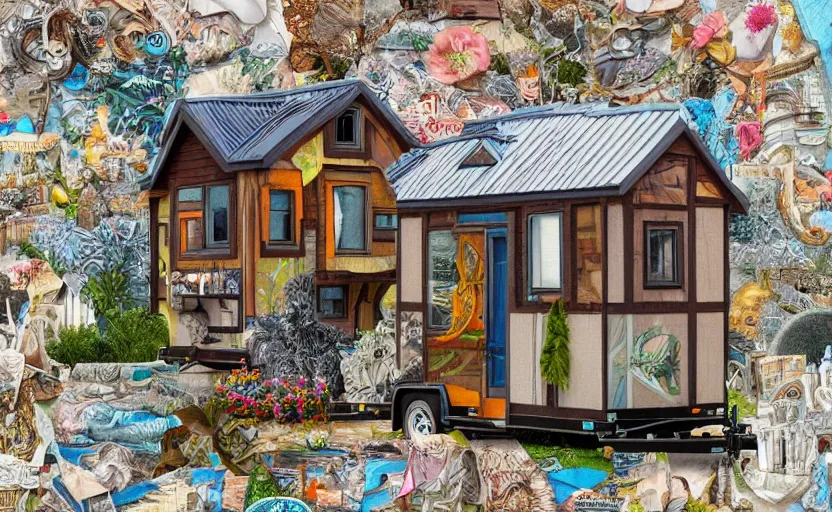 Prompt: hyperdetailed tinyhouse, seen from the distance. along a maximalist river made of paper and unexpected interesting fabric elements. 8 x 1 6 k hd mixed media 3 d collage in the style of a childrenbook illustration in soft natural tones. delicate and tender. matte background no frame hd