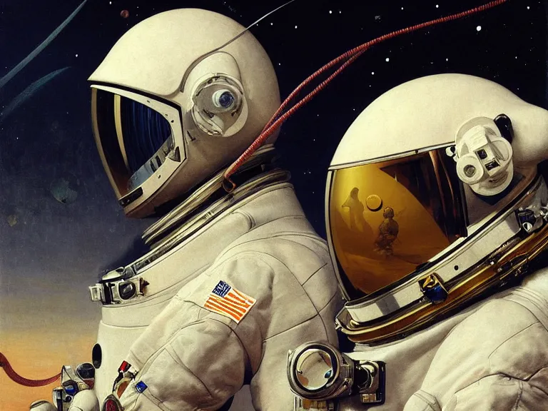 Image similar to a detailed profile painting of an astronaut in a spacesuit with reflective visor, symmetrical and science fiction theme by beksinski carl spitzweg and tuomas korpi. baroque elements, full-length view. baroque element. intricate artwork by caravaggio. Trending on artstation. 8k