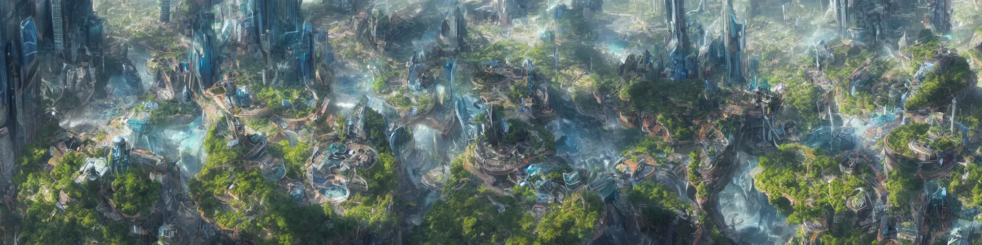 Prompt: Aerial map of a futuristic eco-city on top of a giant waterfall, D&D, fantasy, brightly colored buildings, highly detailed, digital painting, artstation, smooth, sharp focus, illustration, art by greg rutkowski studio ghibli, cinematic,