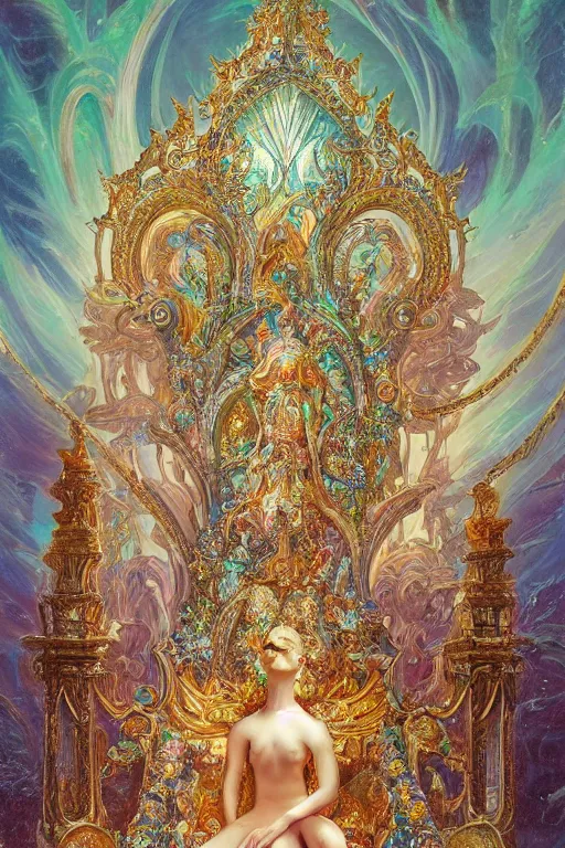 Image similar to highly detailed, intricate beautifully stunning picture of a beautiful ornate ethereal iridescent crystal throne, by disney, andrei riabovitchev, and peter mohrbacher