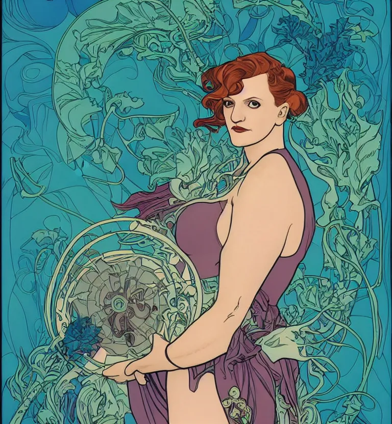 Image similar to Elizabeth Moss by Jamie McKelvie comic art, art nouveau, Peter Mohrbacher, Alphonse Mucha, full body shot