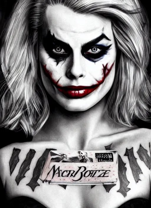 Image similar to tattoo design of margot robbie with joker makeup, ace card, in the style of rob richardson, realistic face, black and white, realism tattoo, hyper realistic, highly detailed