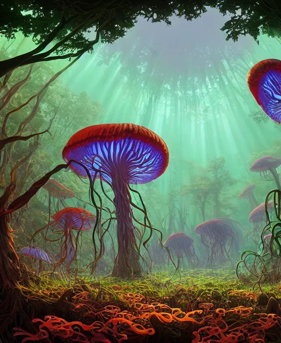 Prompt: an enormous schoolhouse made from jellyfish, overgrown with huge colorful exotic fungus, deep in the woods, noon, sun drenched, partly cloudy, by dan mumford, yusuke murata, makoto shinkai, ross tran, cinematic, unreal engine, cel shaded, featured on artstation, pixiv