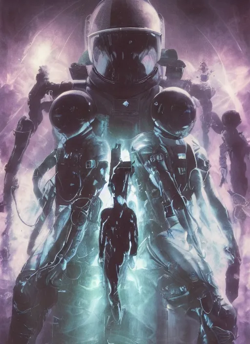 Image similar to astronauts in dark void underwater - complex and hyperdetailed technical suit. reflection and dispersion materials. rays and dispersion of light. volumetric light. f / 3 2. noise film photo. flash photography. ultra realistic, wide angle. poster by wayne barlowe, hajime sorayama aaron horkey, craig mullins